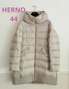 美品 ヘルノ HERNO 背中ウール切替 ダウンコート 44 ライトグレージュ系