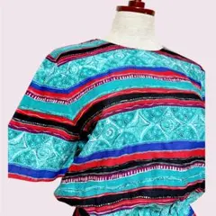 vintageヴィンテージワンピースプリーツ切替エスニック柄レトロUSA海外古着