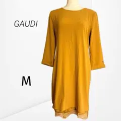 【ガウディ】ワンピース マスタード 裾レース 七分袖 上品 バックボタン Mのサムネイル