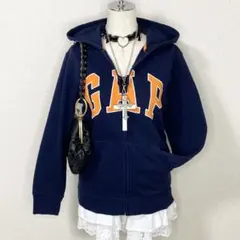 y2k GAP フルジップパーカー ロゴ 裏起毛 グランジ 平成ギャル ネイビー