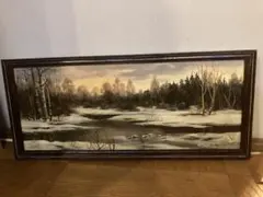 冬の風景 油彩画 木製フレーム付き　景色