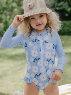 4Y （98-104㎝）水色 花柄 ジッパー水着