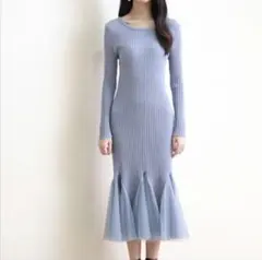 裾チュール ニットワンピース М ブルーグレー 美品 セゾンドパピヨン