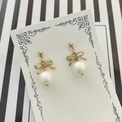 ゴールド リボン×シュガーパール ピアス イヤリング