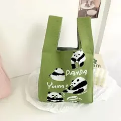【新品】パンダ柄 ニットバッグ 緑ミニトート ランチバッグ 生活雑貨 かわいい