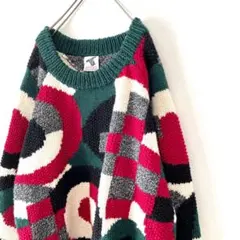 古着 肉厚ウール 総柄ニット ビッグサイズ グリーン XXL ハンドニット