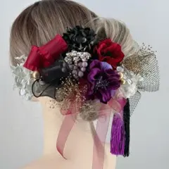 髪飾り　成人式　卒業式　結婚式　造花　タッセル　紐　黒　紫　白