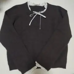 JUNOAH 異素材ミックス　フリル付きニット　L