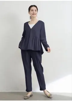 セレモニー パンツ セットアップ スーツ 紺 フォーマル ペプラム 卒業式 L