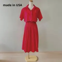80s USA製 総柄 シャーリング ロングプリーツワンピース レッド N116