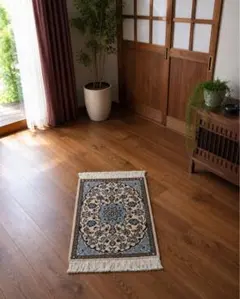 ペルシャ絨毯 本物 手織りナイン 9La 56×90 玄関マットシルク&ウール