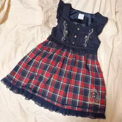 axes femme kids チェック 刺繍 ジャンスカ ワンピ 120