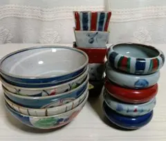 和柄 飯茶碗 、小鉢、壺 各5客×3 絵変り 未使用保管品のサムネイル
