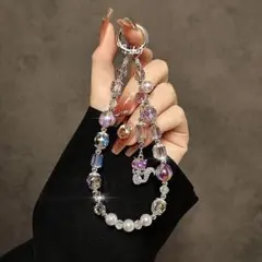 ビーズキラキラ紫色パール ストラップ キーホルダースマホホルダーバッグチャーム