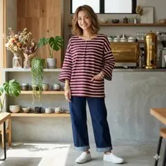 スタジオクリップ ボーダー 七分袖 カットソー M 赤白 ゆったり トップス