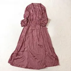 08Mab ロングワンピース レッド 長袖 ピンタック リネン100% 麻 F