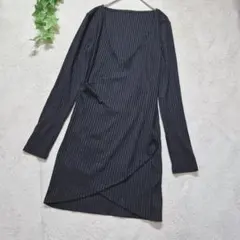 リブ編み 長袖ワンピース カシュクール ひざ丈 ストレッチ 黒