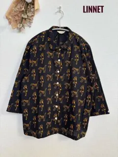 LINNET 猫刺繍　7分袖　ブラウス　シャツ　丸襟　M ブラック×オレンジ