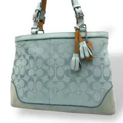 美品coach コーチ　トートバッグ　ハンドバッグ　シグネチャー　水色　タッセル