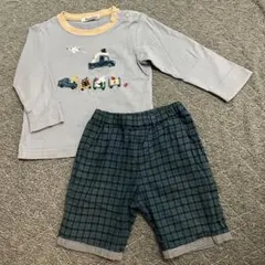 ファミリア　グレーの車刺繍Tシャツとチェックパンツセット　リバーシブル