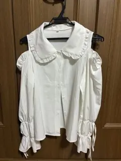 オフショルダー フリル付きホワイトシャツ S
