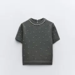 ZARA ラインストーン&フェイクパールニットセーター クロップド丈 トップス