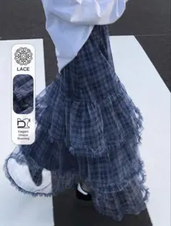SHEIN チェック柄 フリル ロングスカート ブルーのサムネイル