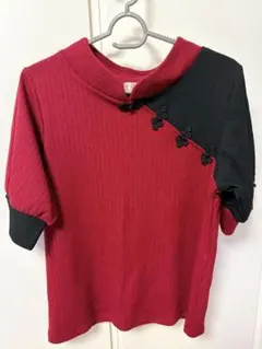 axes femme チャイナ風 半袖 リブカットソー レッド ブラックのサムネイル