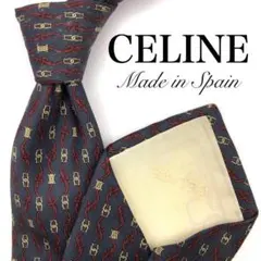 【美品】CELINEネクタイ チェーン柄 総柄 ネイビー レッド 赤 シルク