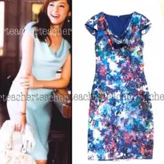 ボタニカル フラワープリント ドレープワンピース 白 ブルー フローラルプリント