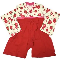 【極美品】袴風ロンパース　椿柄　80cm