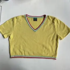 ベネトン vintage Vネック クロップド丈 Tシャツ 半袖 黄色