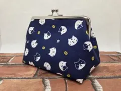 マチ10cm がま口ポーチ　小判にゃんこ(ブルー)　コスメポーチ