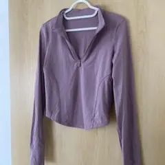 薄紫ハーフジップクロップドヨガウェアＬサイズ