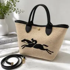LONGCHAMP 2way トートバッグ かごバック キャンバス 馬柄 黒のサムネイル