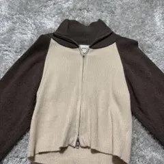 リブ編みタートルネック長袖トップス ベージュ/ブラウン