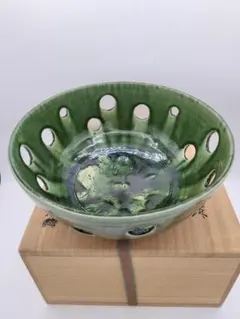 Ｗ７６９　手鉢　『織部　木瓜　手鉢』『山口茂 造』　共箱　菓子器　茶道具 W769 手鉢 『織部 木瓜 手鉢』『山口茂 造』 共箱 菓子器 茶道具