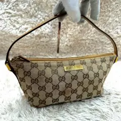 【美品】グッチ アクセサリーポーチ ブラウン キャンバス GG柄 レディース
