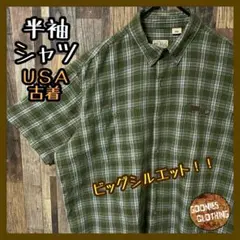 カーキ チェック ボタンダウン 2XL メンズ USA古着 半袖 シャツ