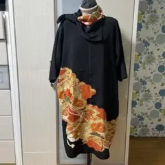 着物リメイクチュニック、ワンピース黒留袖 花柄刺繍入り、ストール付き