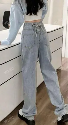 バックリボン ストレート ハイウエスト デニムパンツ　SHEIN