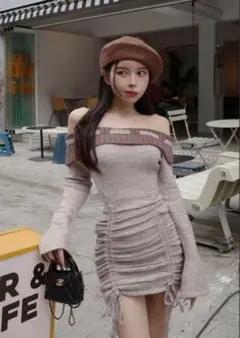 Darich オフショルステッチニットミニワンピース