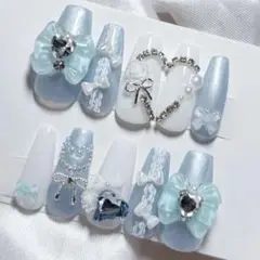 Ｎｏ．現品 ネイルチップハンドメイド 水色 白 リボン ハートストーン韓国フリル