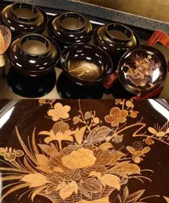 輪島塗り　木製蓋付き椀（漆器） 5客 金彩 花文様 輪島塗り 木製蓋付き椀（漆器） 5客 金彩 花文様 - メルカリ