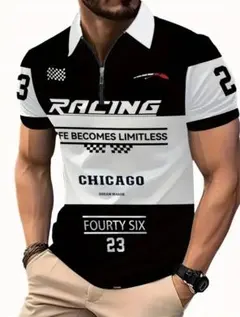 ☆FJ☆ カジュアル ポロシャツ ジッパー付き RACINGプリント