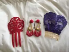 赤いヘアコームとイヤリングセット&紫のヘアコームのセットでぜひ！