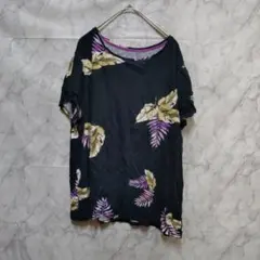 1点物　 レディース　花柄 Vネック 半袖Tシャツ 黒