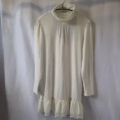 ハイネック フリル付き 長袖ロングTシャツ オフホワイト