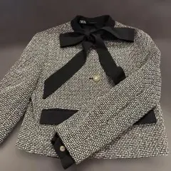 ZARA ノーカラージャケット 白黒ツイード　S
