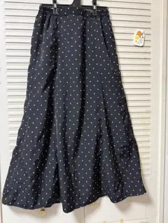 ライトオン　ロングスカート　L　ブラック×白水玉　ウエストゴム